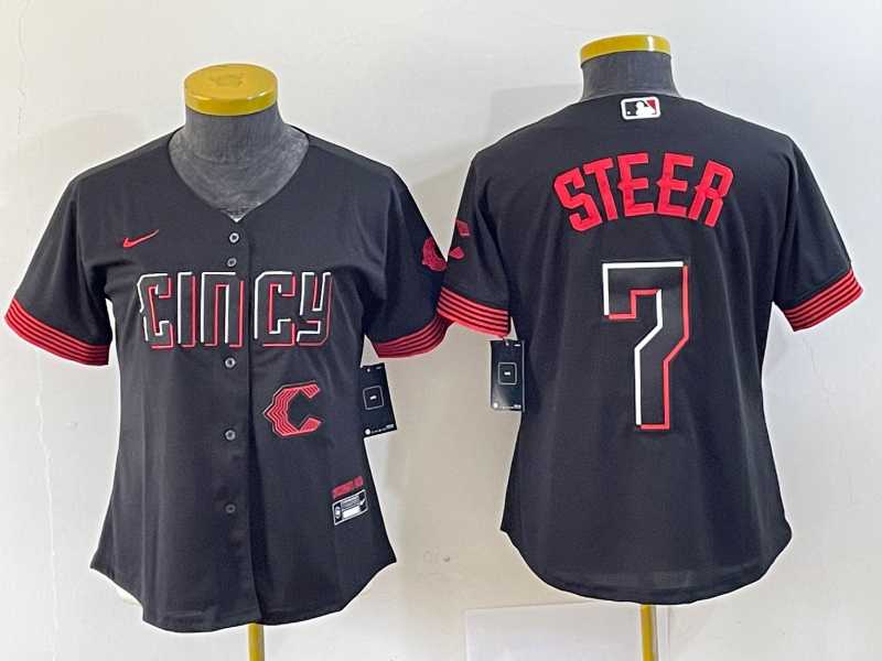 Women%27s Cincinnati Reds #7 Spencer Steer Black 2023 City Connect Cool Base Stitched Baseball Jersey1->mlb womens jerseys->MLB Jersey